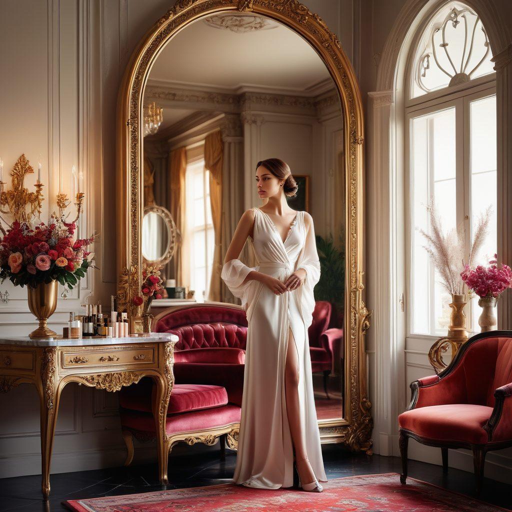 A chic, well-dressed woman exuding effortless glamour, standing gracefully before a grand, ornate mirror. She is surrounded by elegant outfits and classic beauty products, with soft lighting highlighting her radiant appearance. The background features luxurious textures, such as lush velvets and glossy marble. Vector art. Vibrant colors.